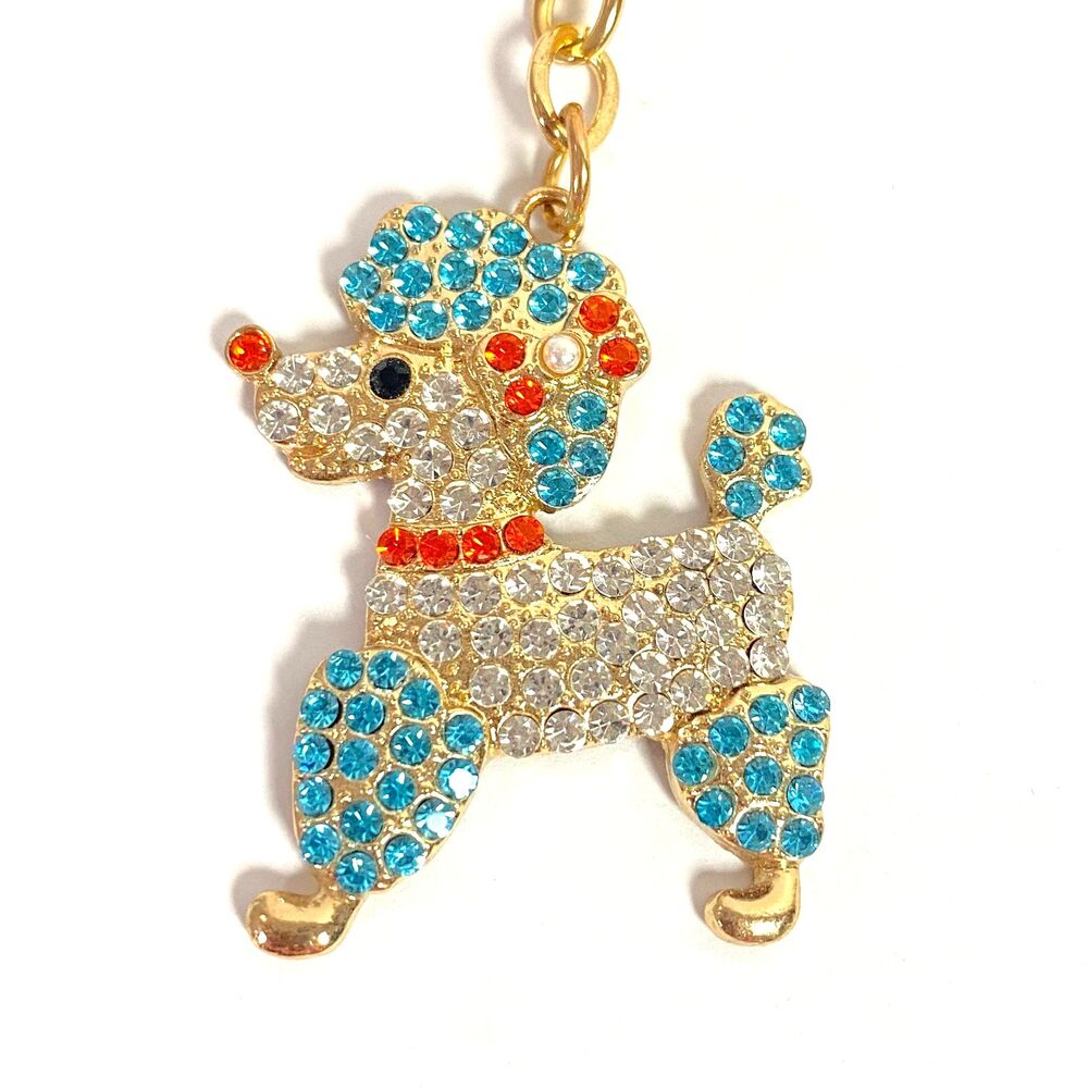 Poodle Rhinestone Keychain Bag Charm Blue Orange Multicolor Gold Tone Metal New